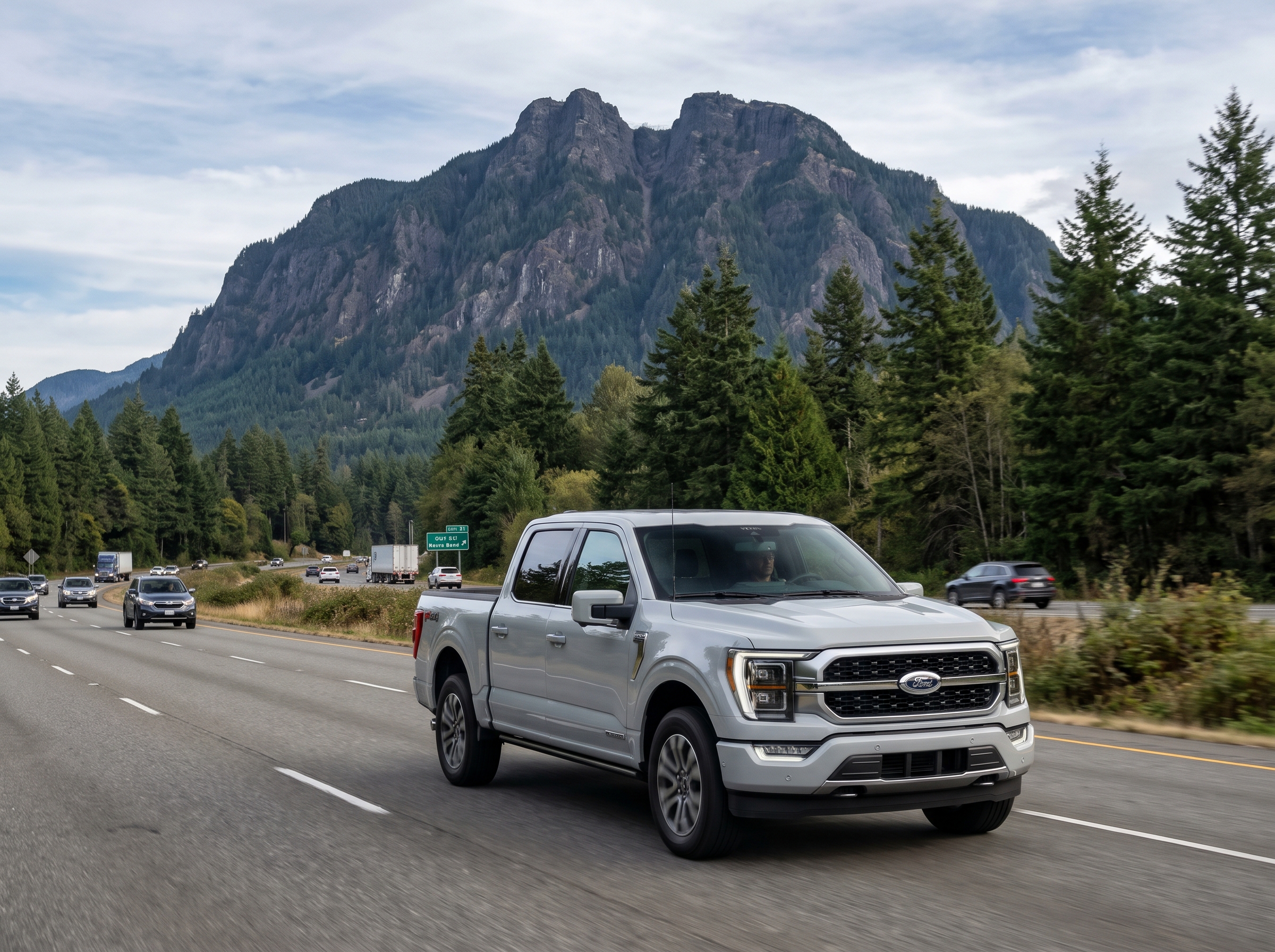 Ford F-150 driving on I-90 near North Bend with Mount Si in the background