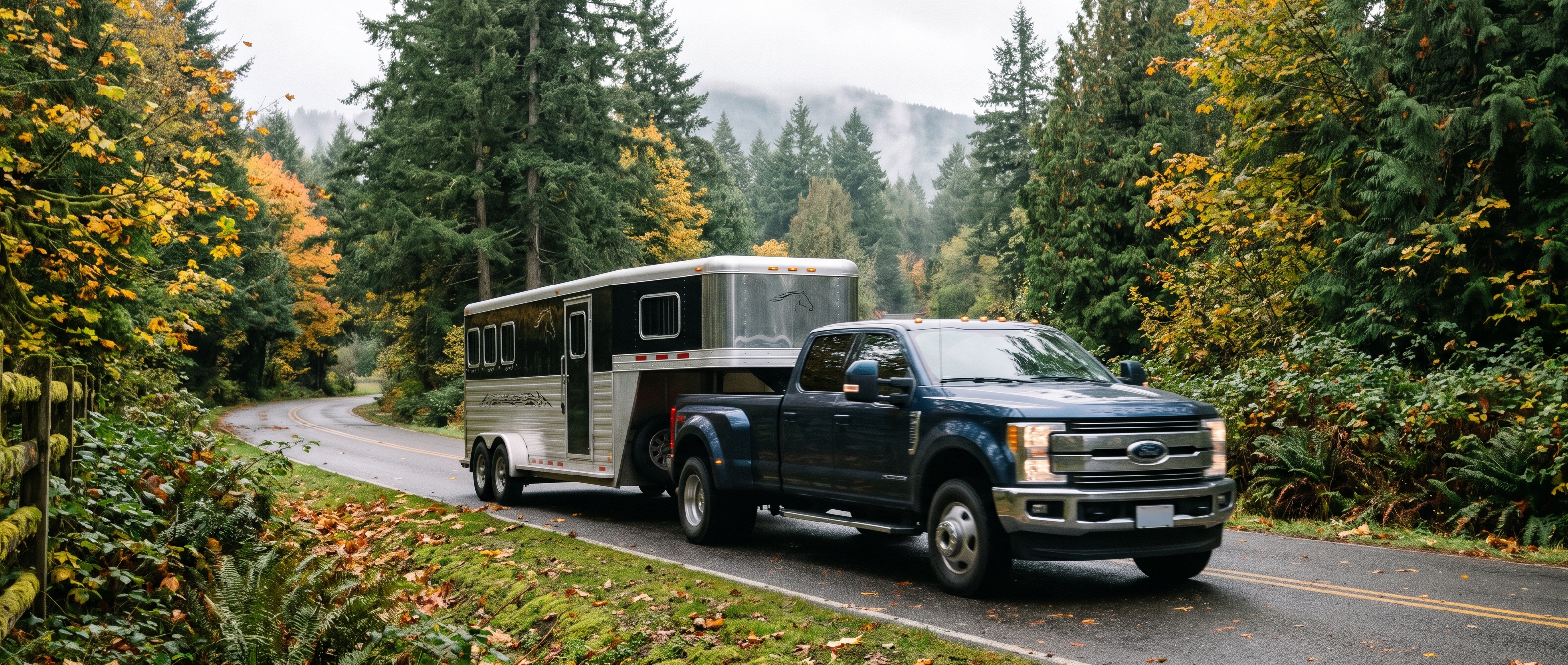 Ford Super Duty truck towing a horse trailer on a rural road near Maple Valley, WA