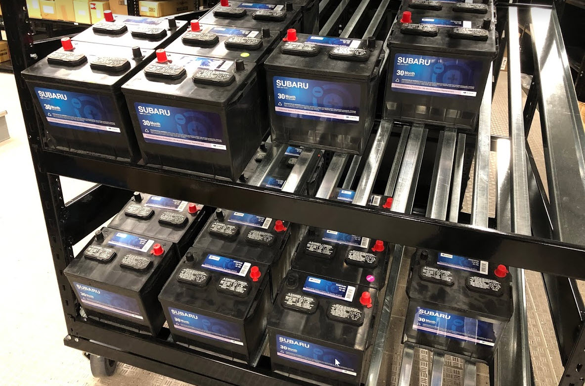 Image of Subaru Batteries on a rack in Parts Department