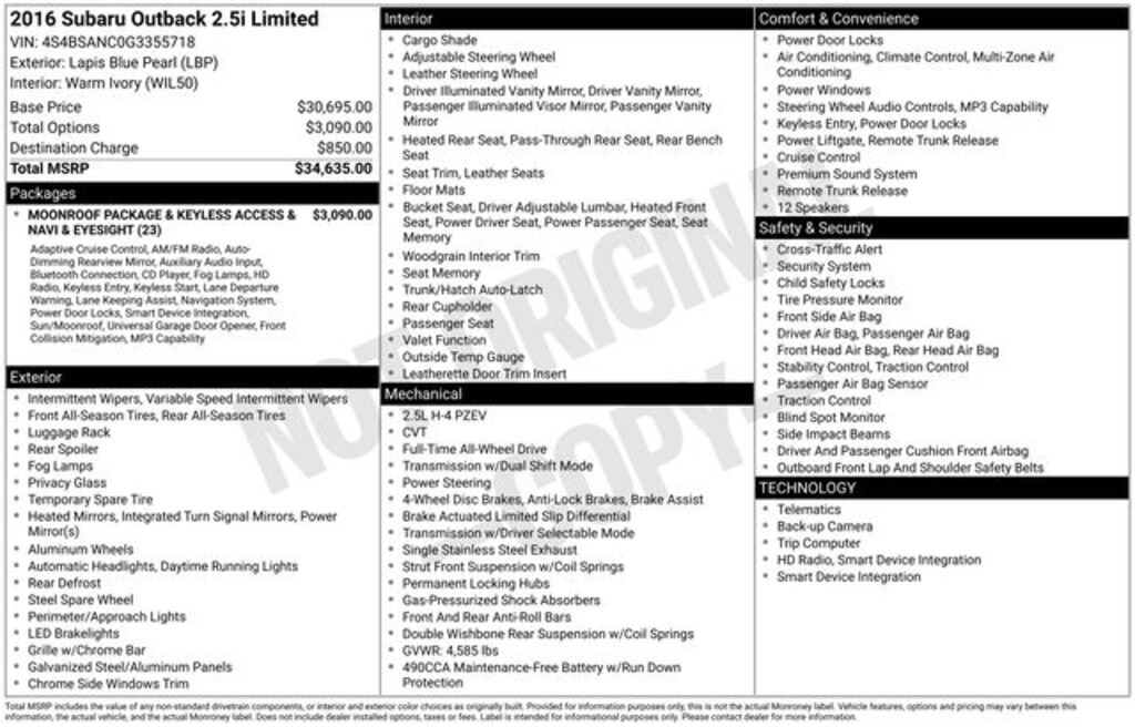 Used 2016 Subaru Outback 2.5i SUV