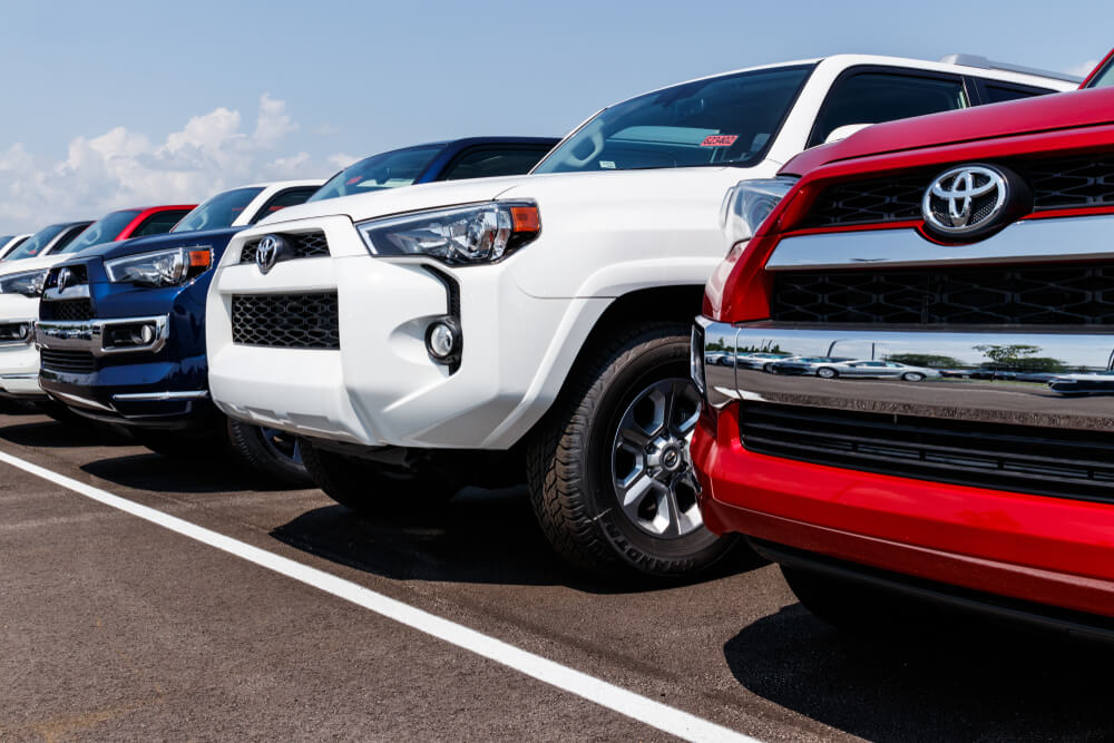 New vehicles on display at a Toyota Car and SUV dealership