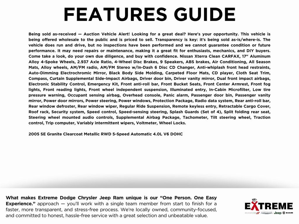 Used 2005 Nissan Xterra SE with VIN 5N1AN08UX5C601804 for sale in Jackson, MI