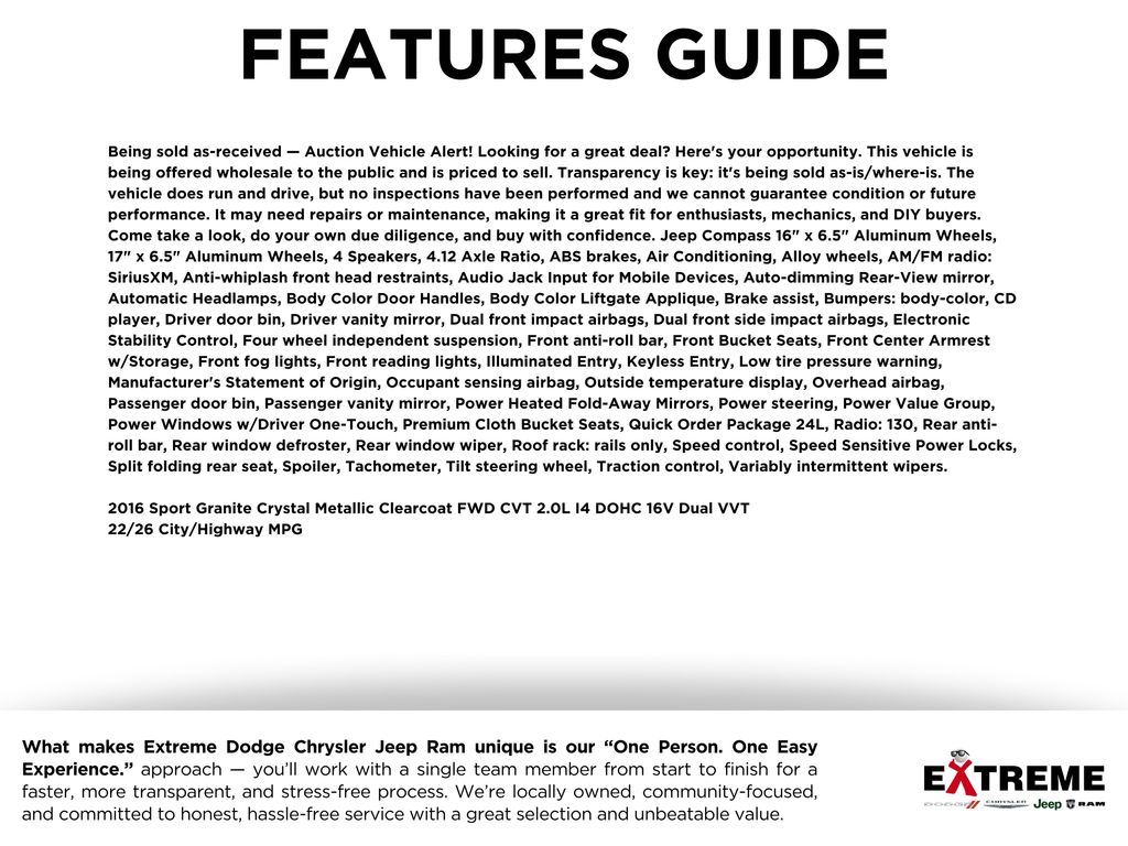 Used 2016 Jeep Compass Sport with VIN 1C4NJCBA4GD666405 for sale in Jackson, MI