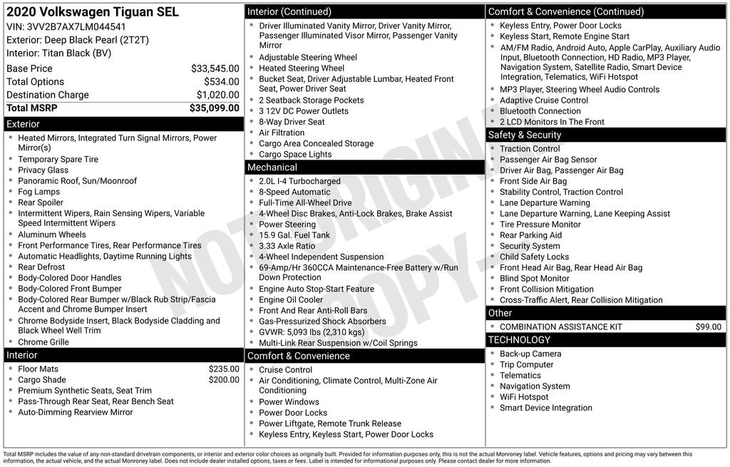 Used 2020 Volkswagen Tiguan SEL with VIN 3VV2B7AX7LM044541 for sale in Keene, NH