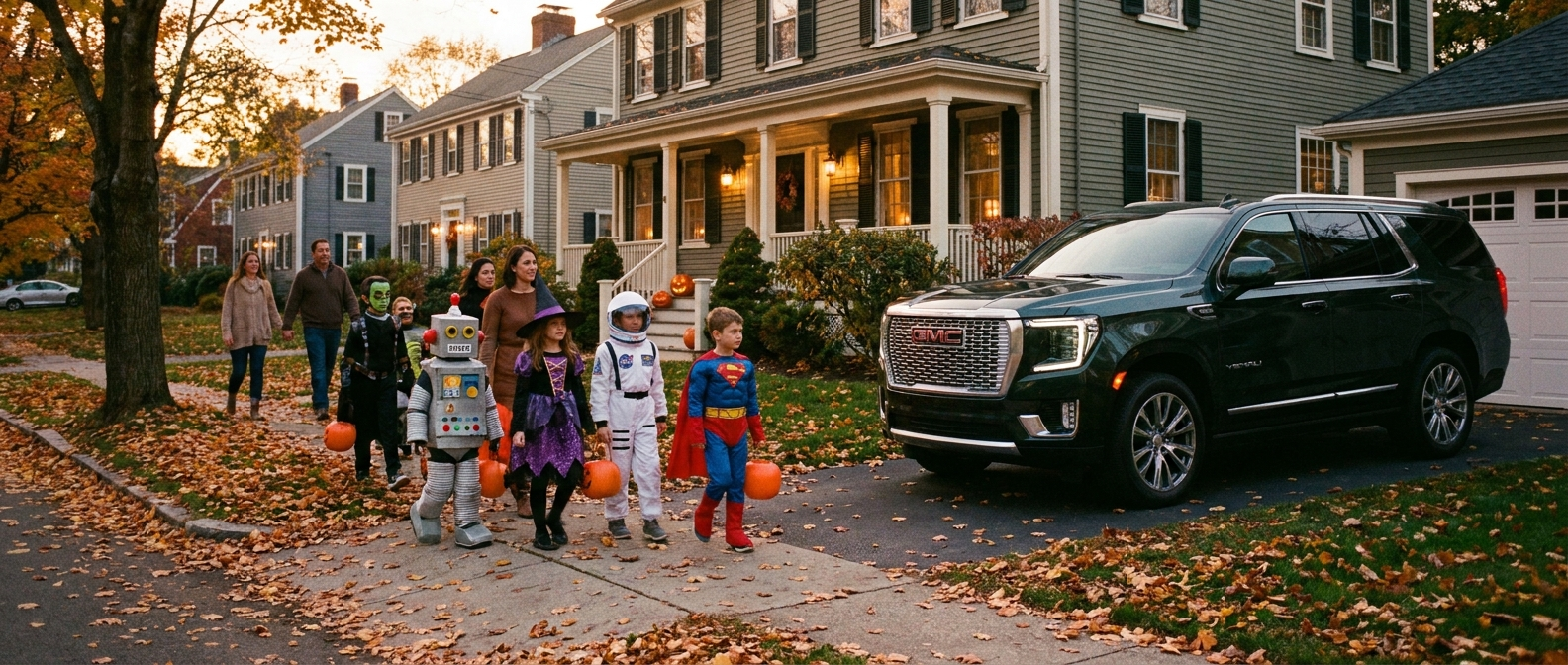 Children in Halloween costumes walking along a residential Keene NH street at dusk with porch lights on and leaves on the ground, 2026