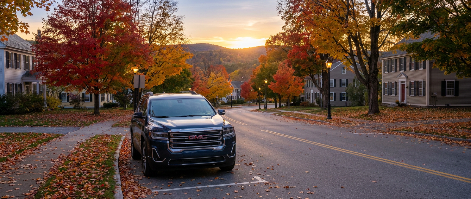 2026 GMC Acadia with open liftgate decorated for trunk-or-treat on a fall evening in Keene, NH