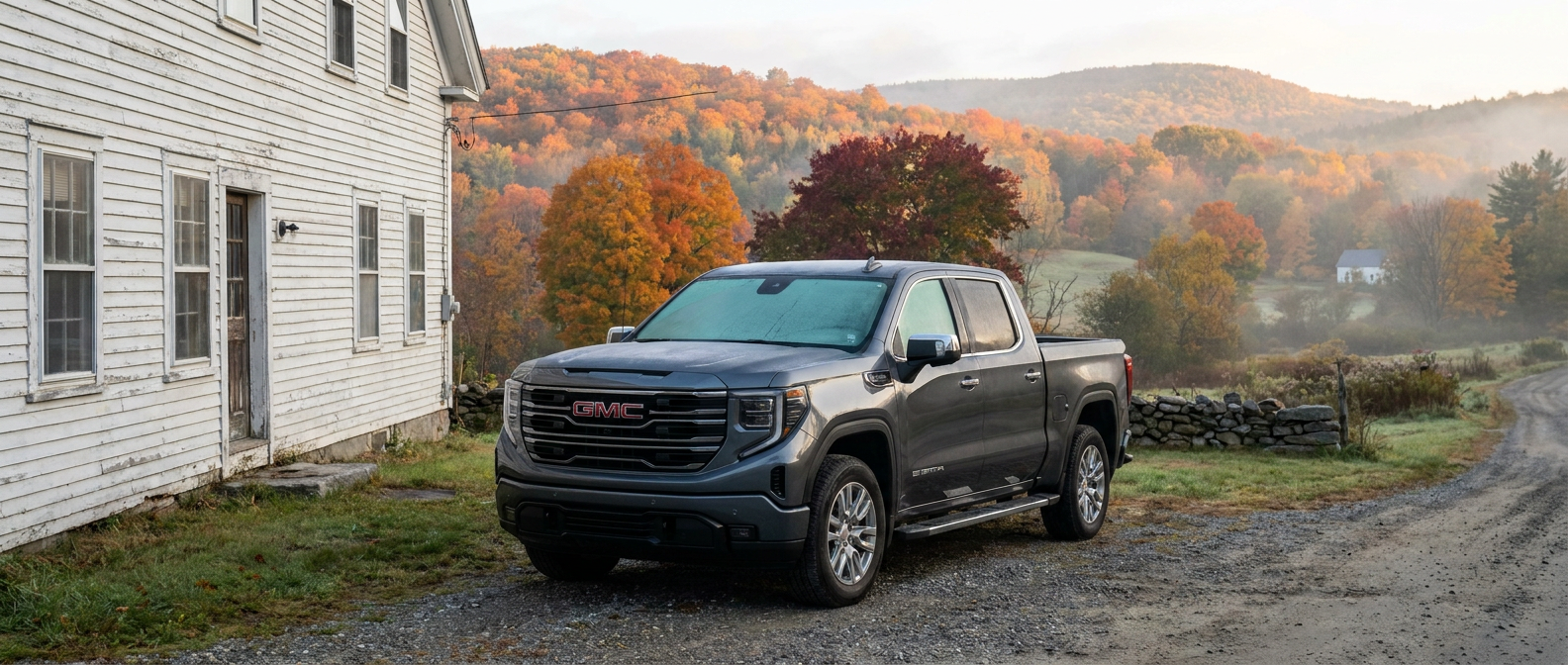 GMC Sierra 1500 with frost on windshield on a fall morning in Keene NH 

