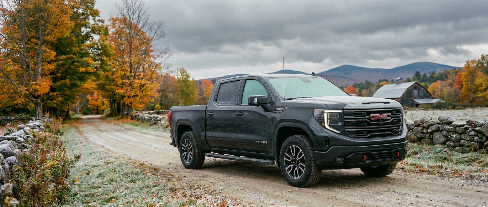 2026 GMC Sierra 1500 loaded with winter prep supplies on a fall road in Keene, New Hampshire 
