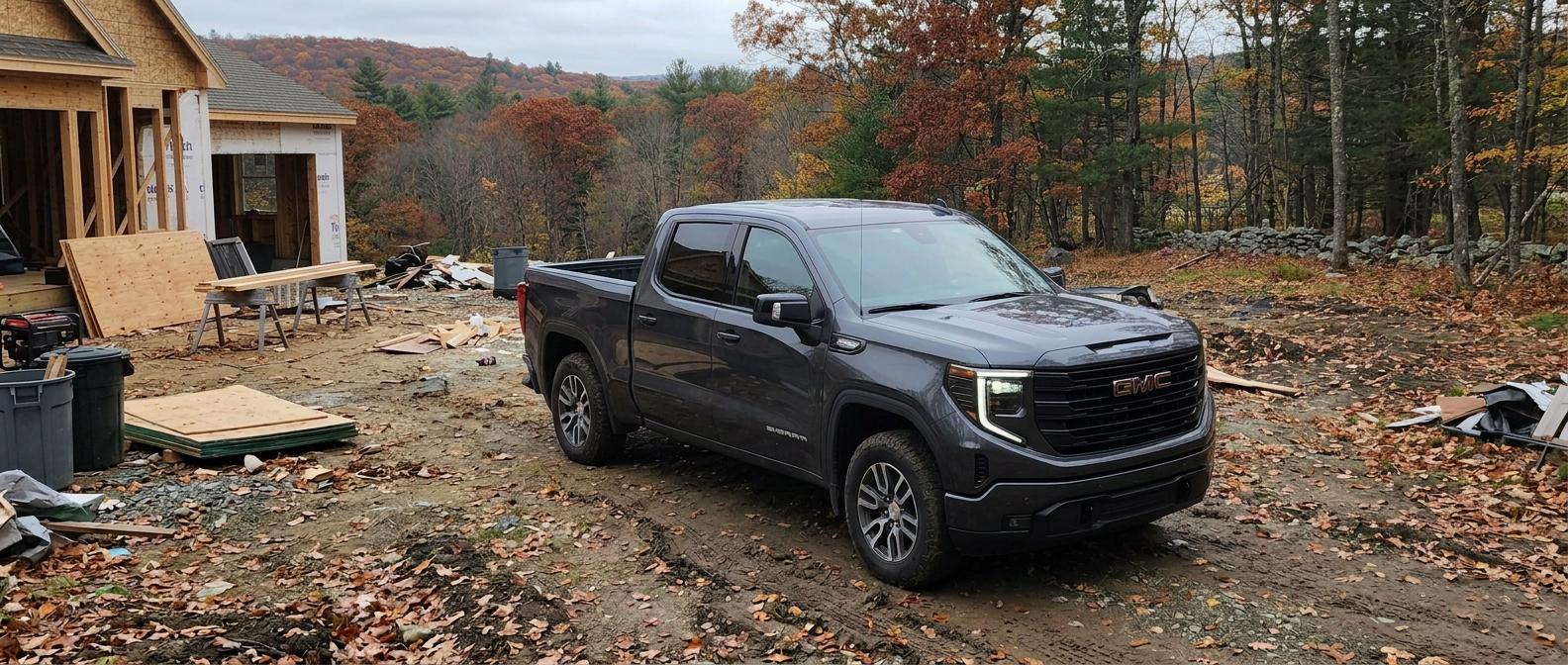 2026 GMC Sierra 1500 crew cab at a fall job site in Cheshire County, New Hampshire