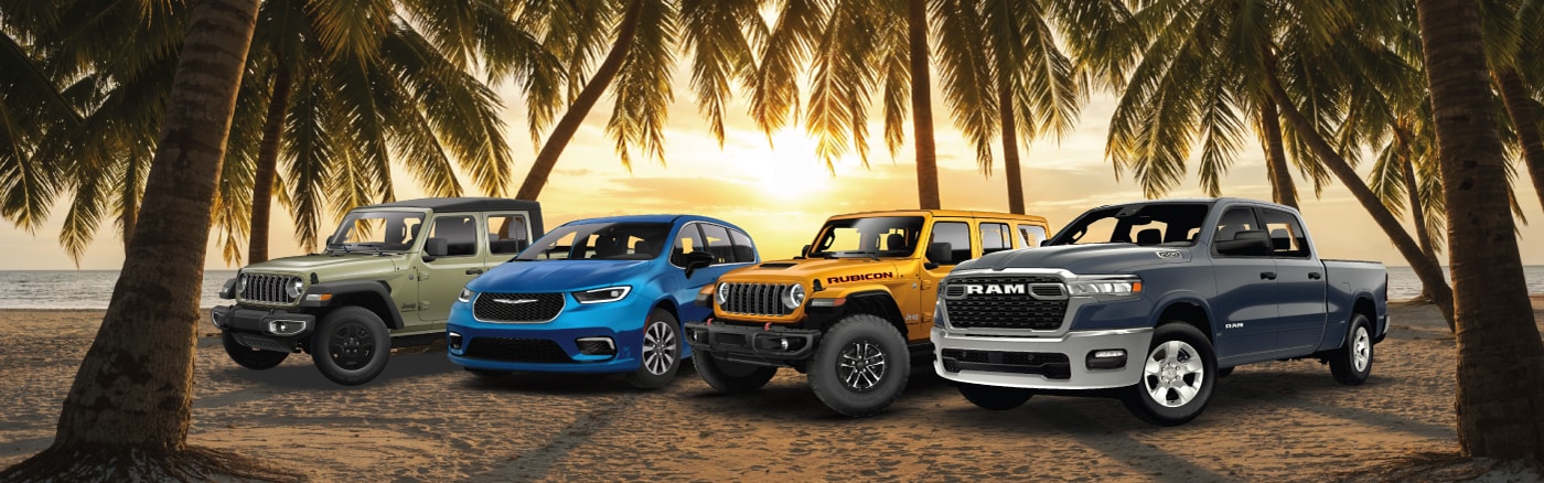 2026 Jeep, Chrysler and Ram lineup on the beach at sunset