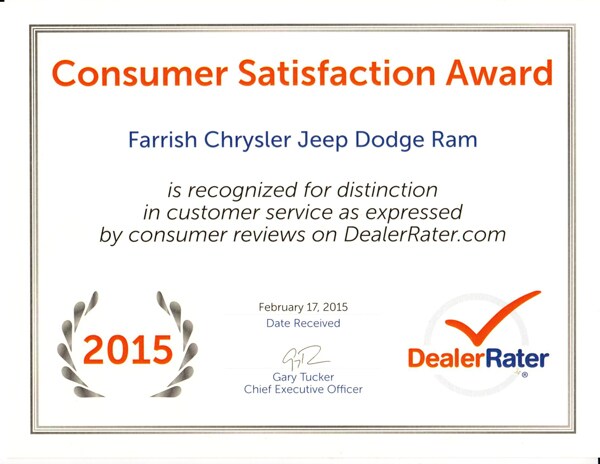 Dealer Rater Award Farrish Chrysler Jeep Dodge Amp Ram In