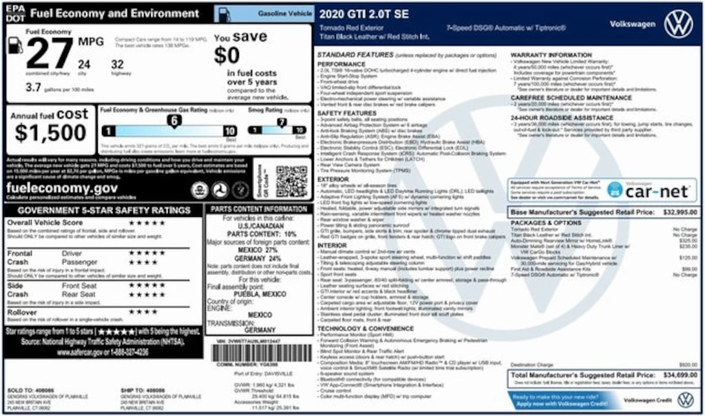 Used 2020 Volkswagen Golf GTI 2.0T SE Hatchback