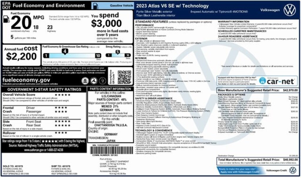 Used 2023 Volkswagen Atlas 3.6L V6 SE w/Technology SUV