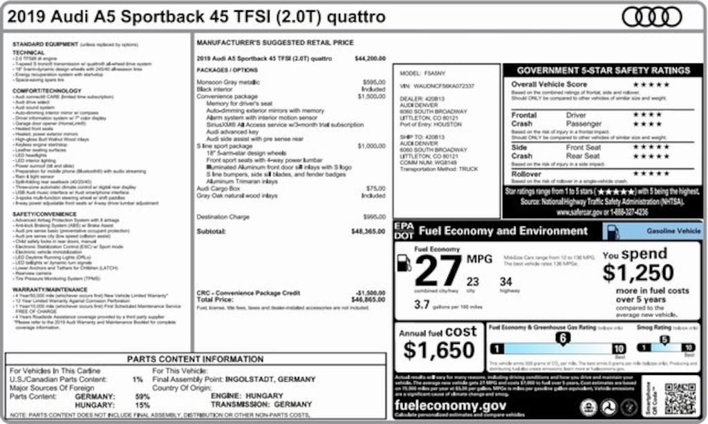 Used 2019 Audi A5 Sportback Premium Hatchback