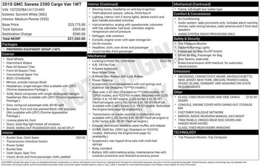 Used 2010 GMC Savana 2500 Work Van Van Cargo Van