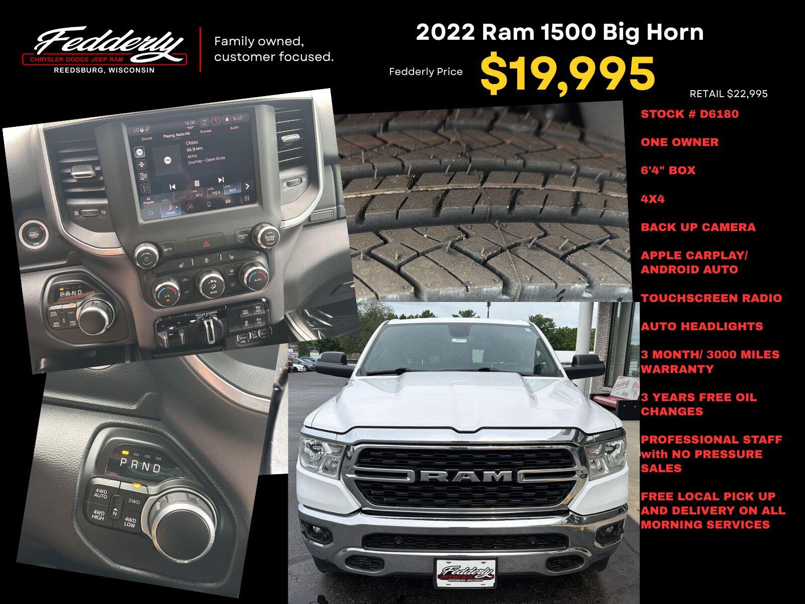 Used 2022 RAM Ram 1500 Pickup Big Horn/Lone Star with VIN 1C6SRFMT1NN325098 for sale in Reedsburg, WI