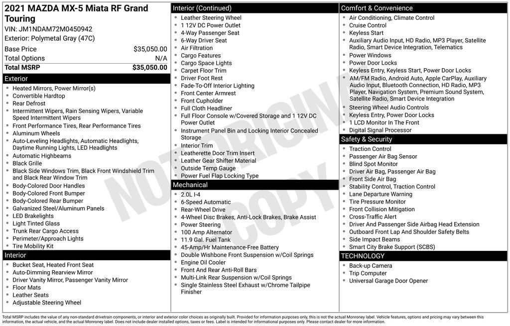 Used 2021 Mazda Mazda MX-5 Miata RF Grand Touring Convertible