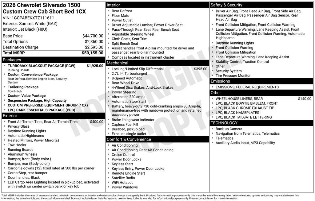 New 2026 Chevrolet Silverado 1500 Custom Truck Crew Cab