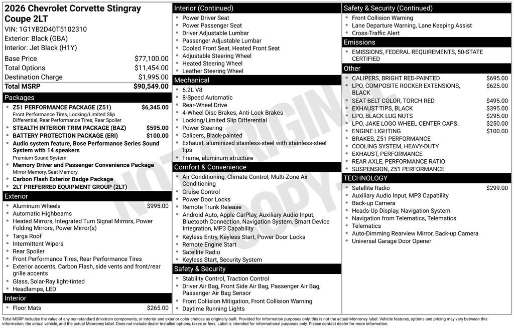 New 2026 Chevrolet Corvette Stingray Stingray w/2LT Coupe