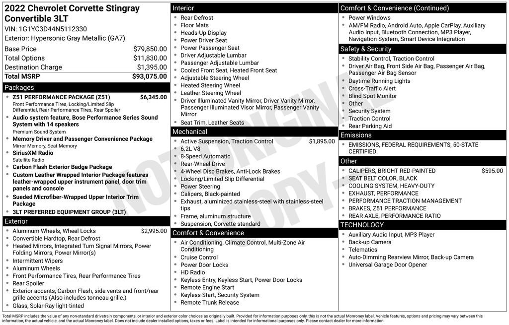 Certified 2022 Chevrolet Corvette Stingray Stingray w/3LT Convertible