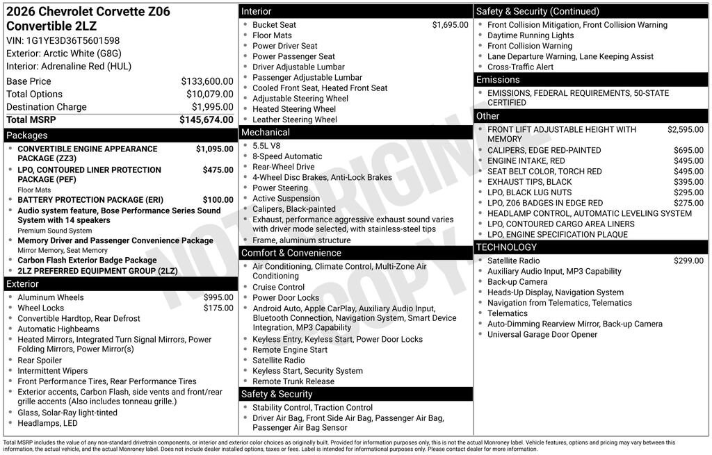 New 2026 Chevrolet Corvette Z06 w/2LZ Convertible