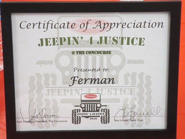 Photo of Certificate of Appreciation from Jeepin? 4 Justice to Ferman
