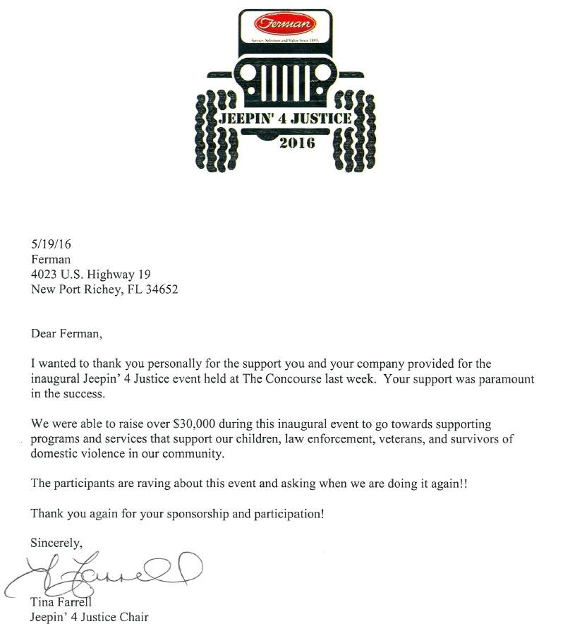 Letter of Appreciation for Ferman from Jeepin?4 Justice 