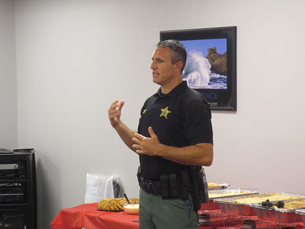Photo of Pasco County Sheriff Chris Nocco speaking at Ferman Chrysler Jeep Dodge RAM of New Port Richey Jeepin? 4 Justice luncheon