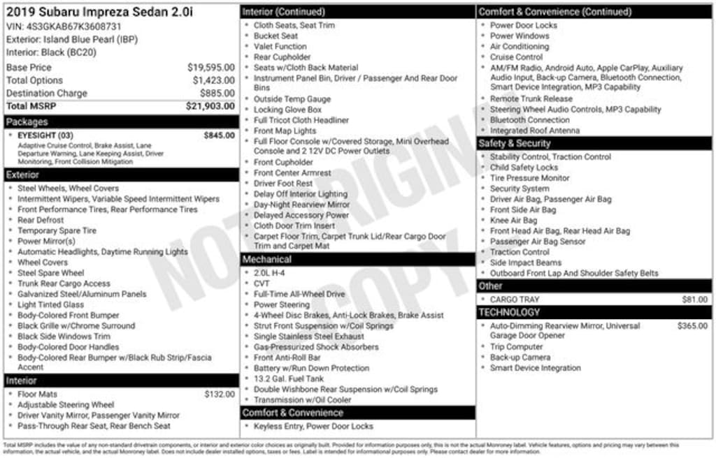 Certified 2019 Subaru Impreza 2.0i Sedan