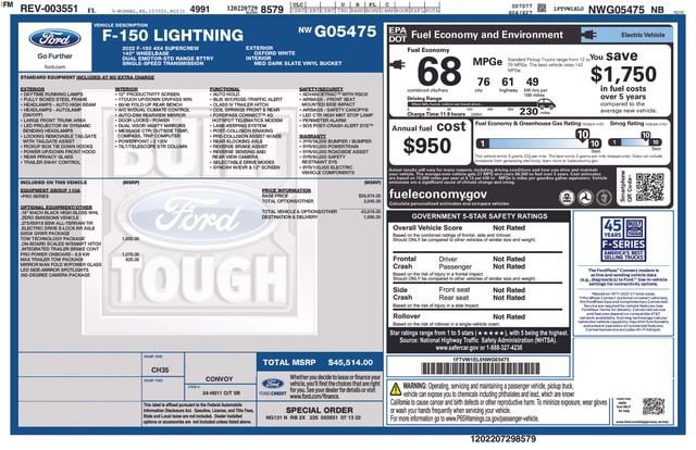 Used 2022 Ford F-150 Lightning Pro with VIN 1FTVW1EL0NWG05475 for sale in Clearwater, FL