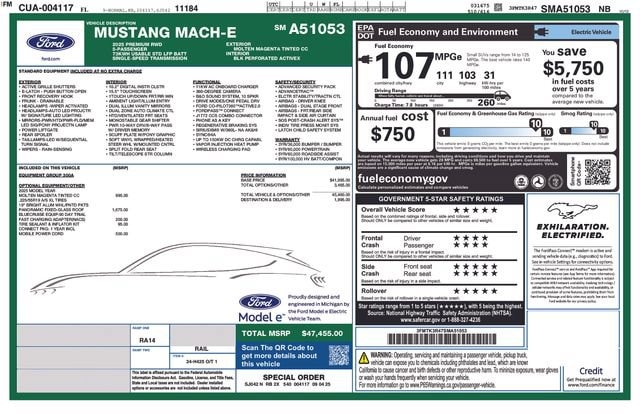 Certified 2025 Ford Mustang Mach-E Premium RWD with VIN 3FMTK3R47SMA51053 for sale in Clearwater, FL