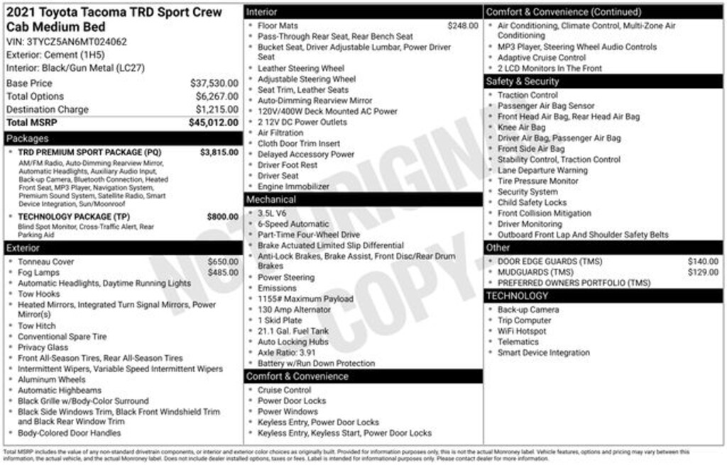 Certified 2021 Toyota Tacoma TRD Sport Truck Double Cab