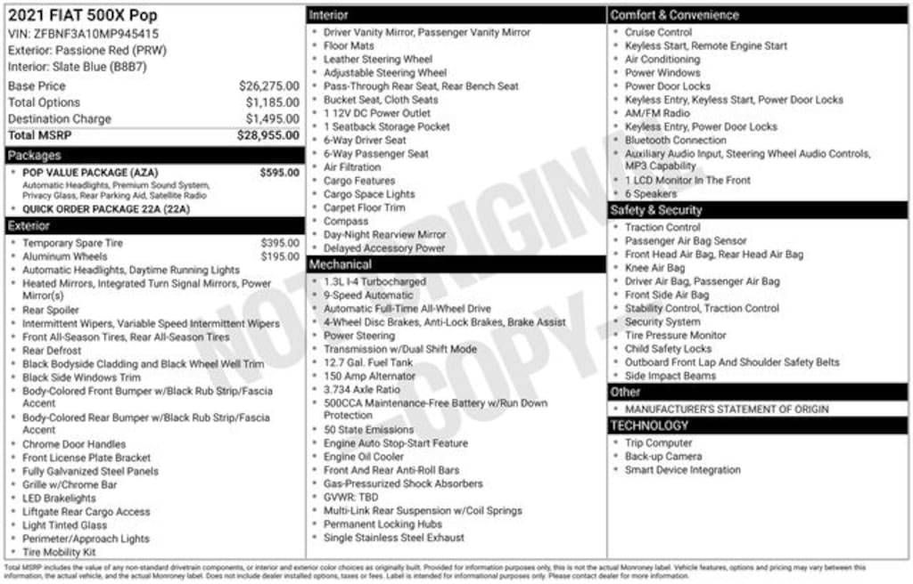Certified 2021 FIAT 500X Pop SUV