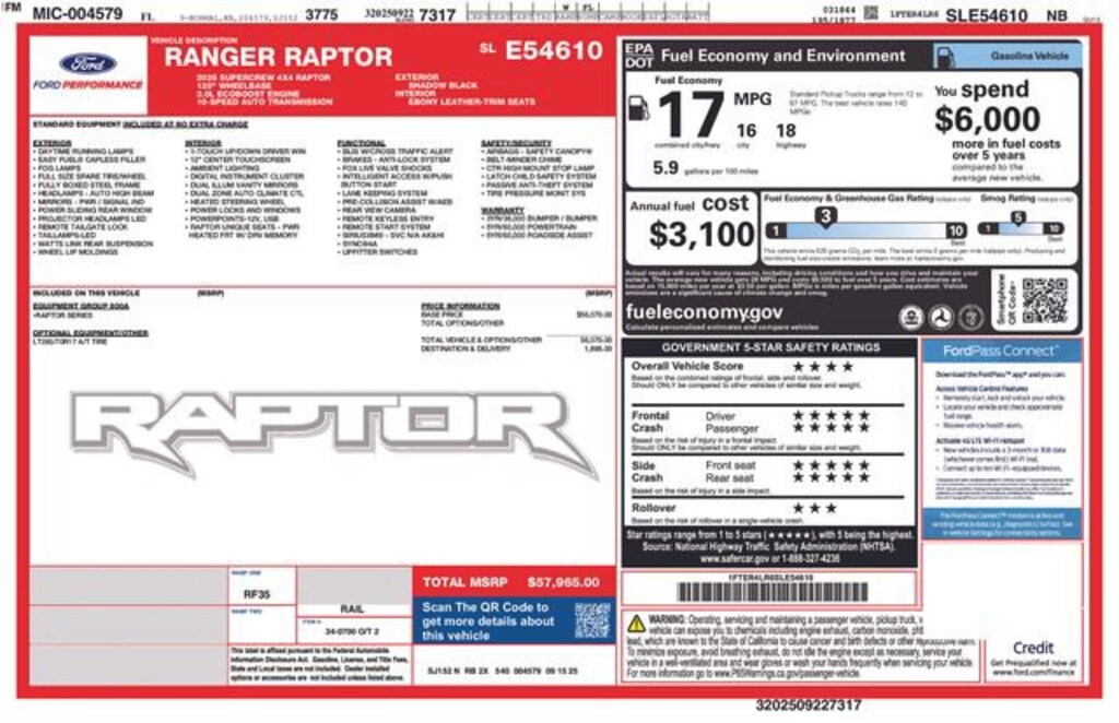 Certified 2025 Ford Ranger Raptor Truck SuperCrew