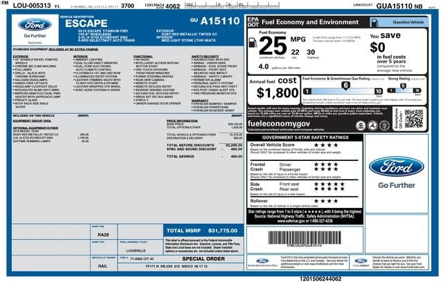Used 2016 Ford Escape Titanium with VIN 1FMCU0J97GUA15110 for sale in Clearwater, FL