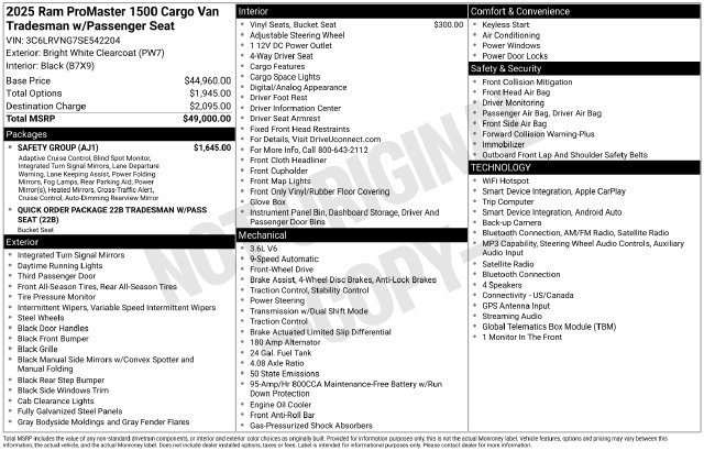 Certified 2025 Ram Promaster 1500 Low Roof Van Cargo Van