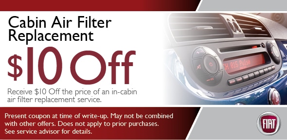 Cabin Air Filter Coupon, Scottsdale Fiat Service Special. If no image displays, this offer has ended.