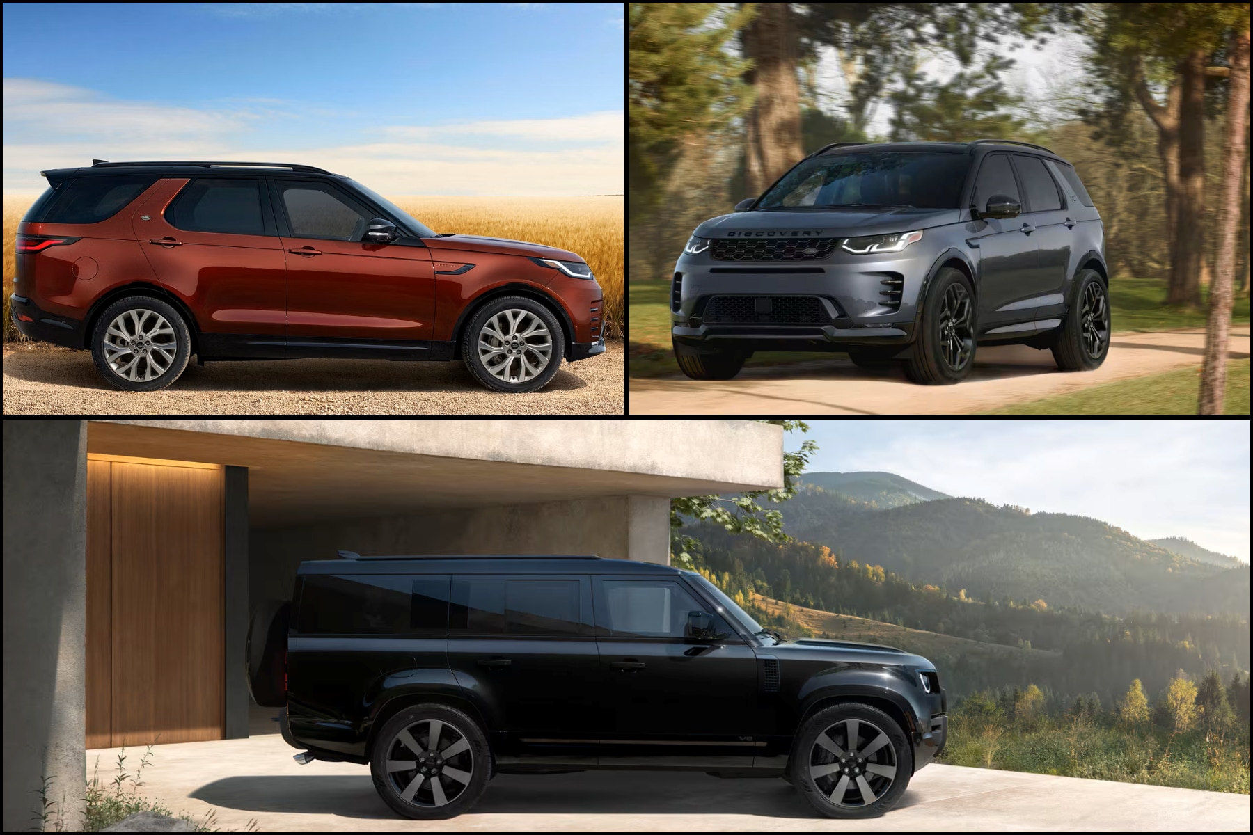 Collage image of the 2026 Discovery, 2026 Discovery Sport, and 2026 Defender 130