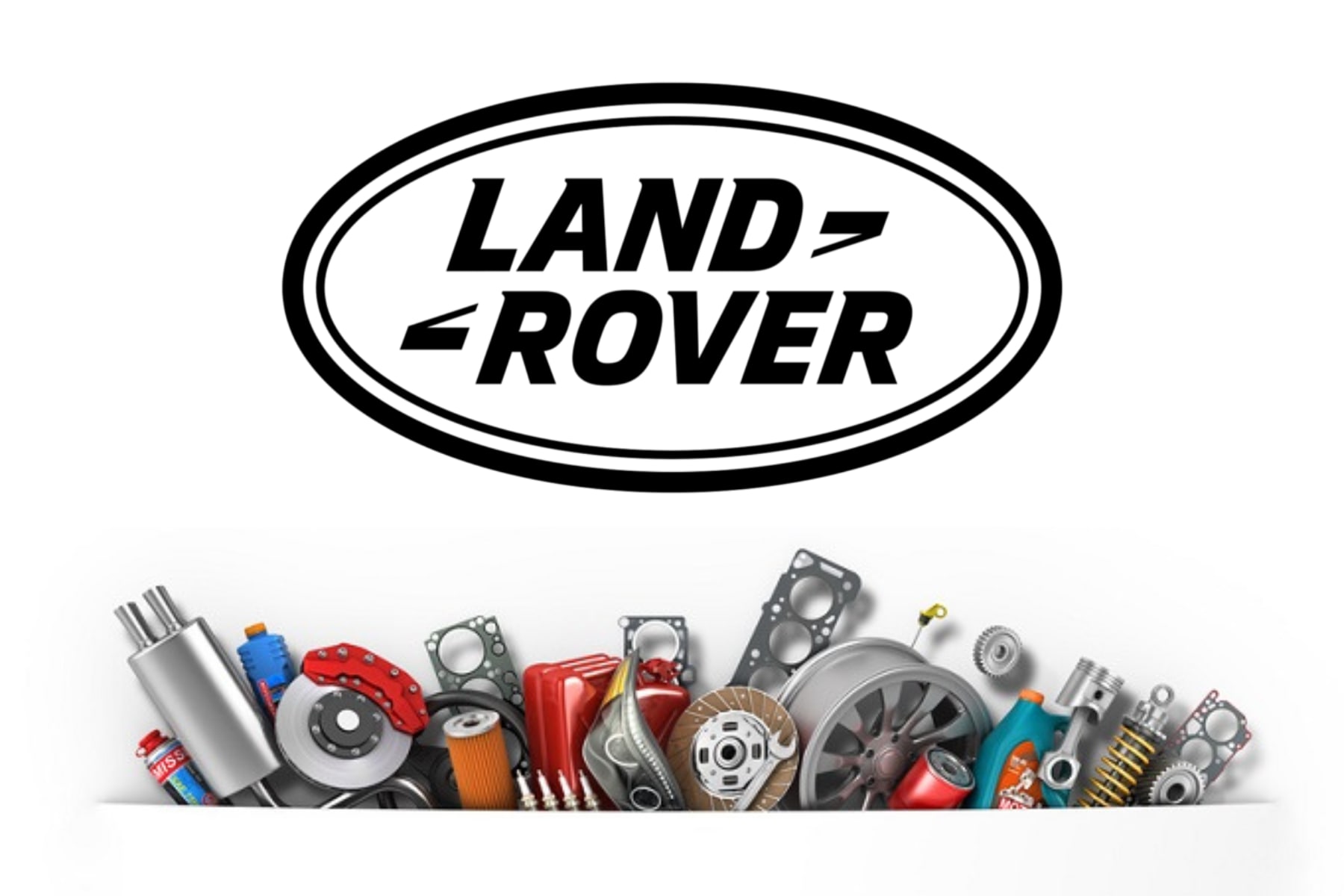 Land Rover logo and an array of car parts