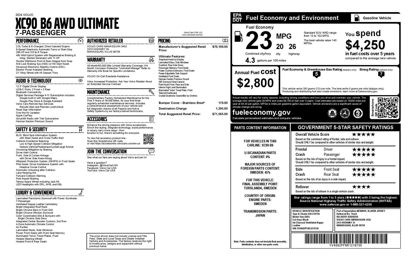 Certified 2024 Volvo XC90 Ultimate with VIN YV4062PF6R1219750 for sale in Northfield, IL