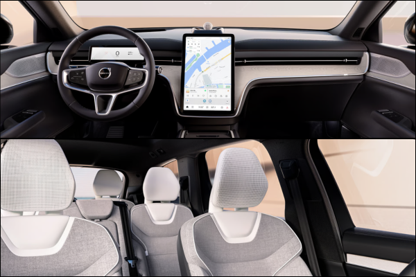 2026 Volvo EX90 interior collage of cockpit and seating