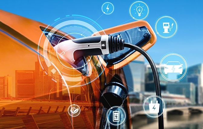 Orange EV plugged-in image with icons