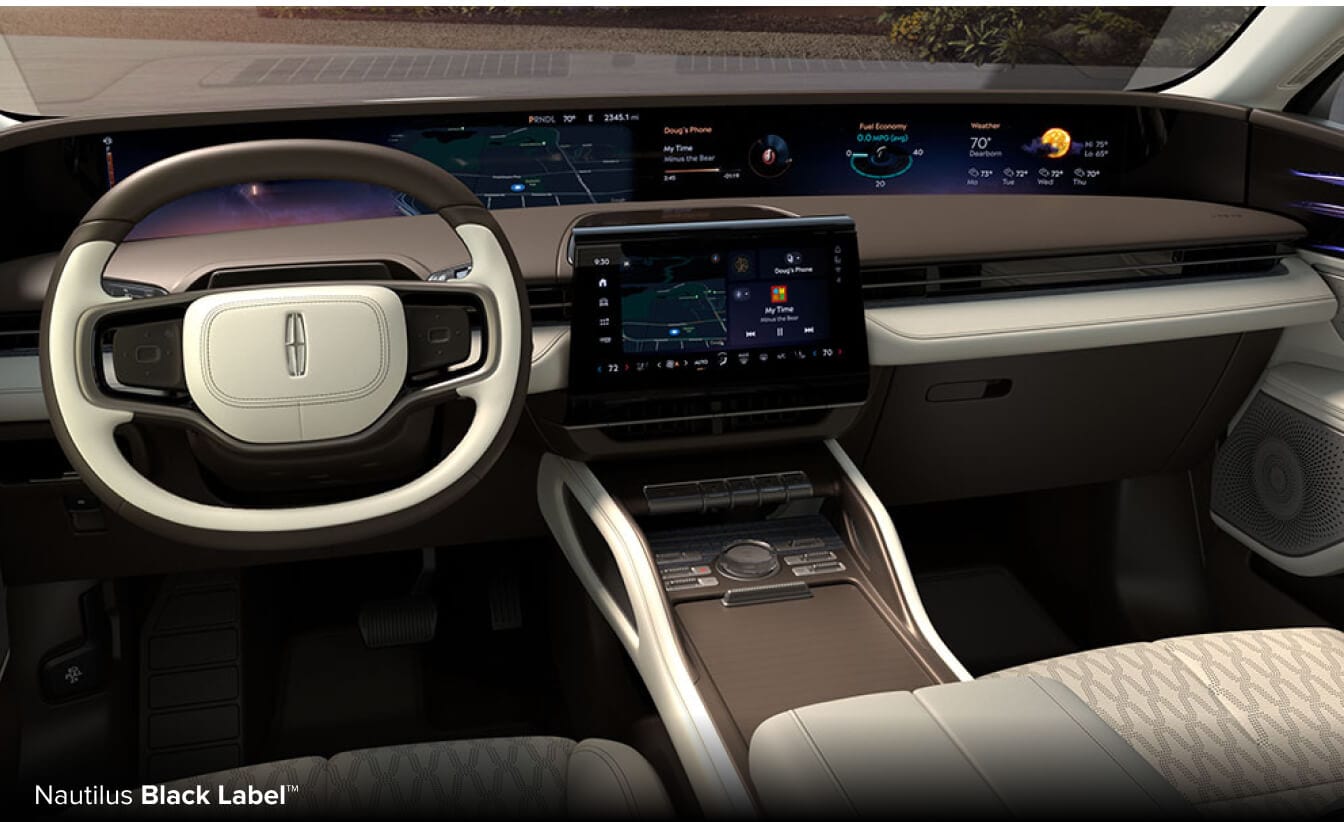 Close-up detail shot of Nautilus Black Label interior trim from driver perspective.