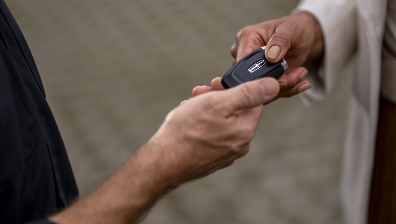 Close-up view of a technician handing a black Lincoln key fob to a client outside.