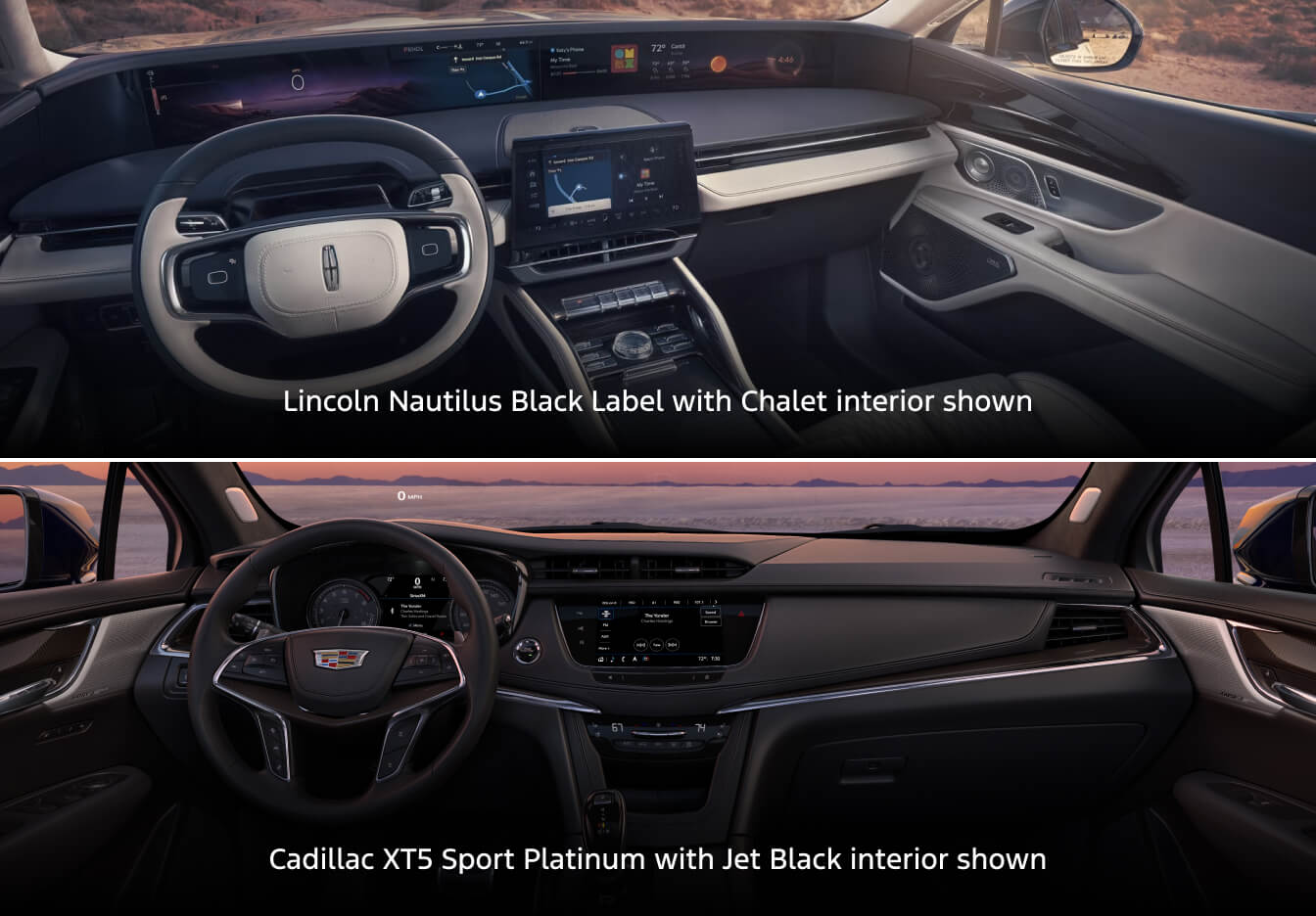 Top: 2026 Lincoln Nautilus Black Label Chalet interior. Bottom: 2026 Cadillac XT5 Sport Platinum Jet Black interior.