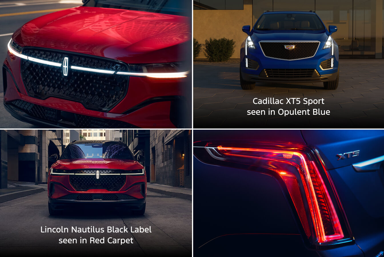 2026 Lincoln Nautilus Black Label in Red Carpet and 2026 Cadillac XT5 Sport in Opulent Blue detail collage.