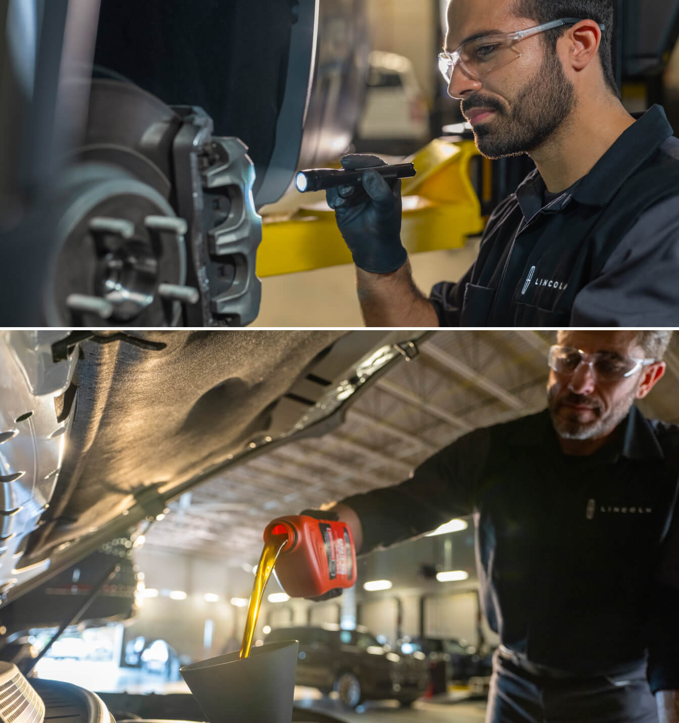Two Lincoln Service Technicians inspecting a brake pad and pouring engine oil.