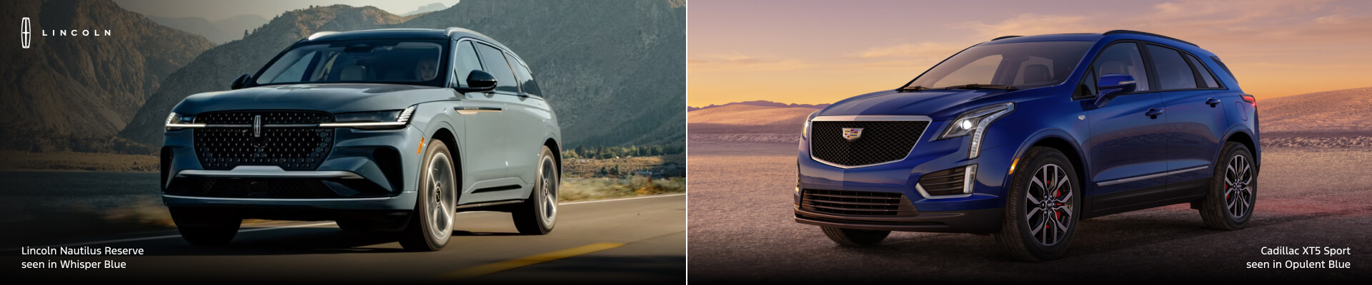 2026 Lincoln Nautilus Reserve in Whisper Blue on a mountain road and Cadillac XT5 Sport in Opulent Blue at sunset image collage.
