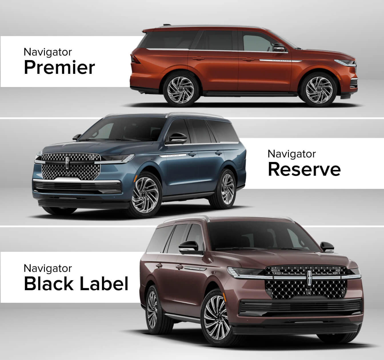 Three images of the 2027 Lincoln Navigator in Premier, Reserve and Black Label trims parked side-by-side.