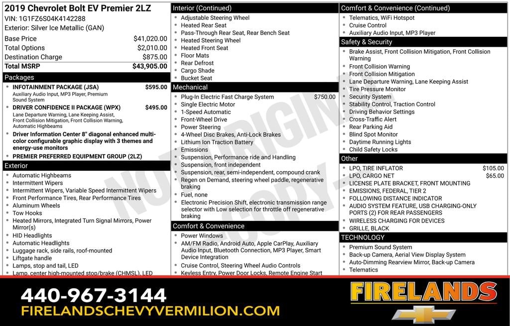 Used 2019 Chevrolet Bolt EV Premier with VIN 1G1FZ6S04K4142288 for sale in Vermilion, OH